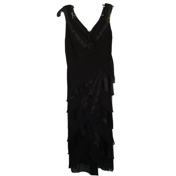 TADASHI SHOJI Black Silk Tiered V-neck Gown Sleeveless Size 6 Stunning - Picture 1 of 12